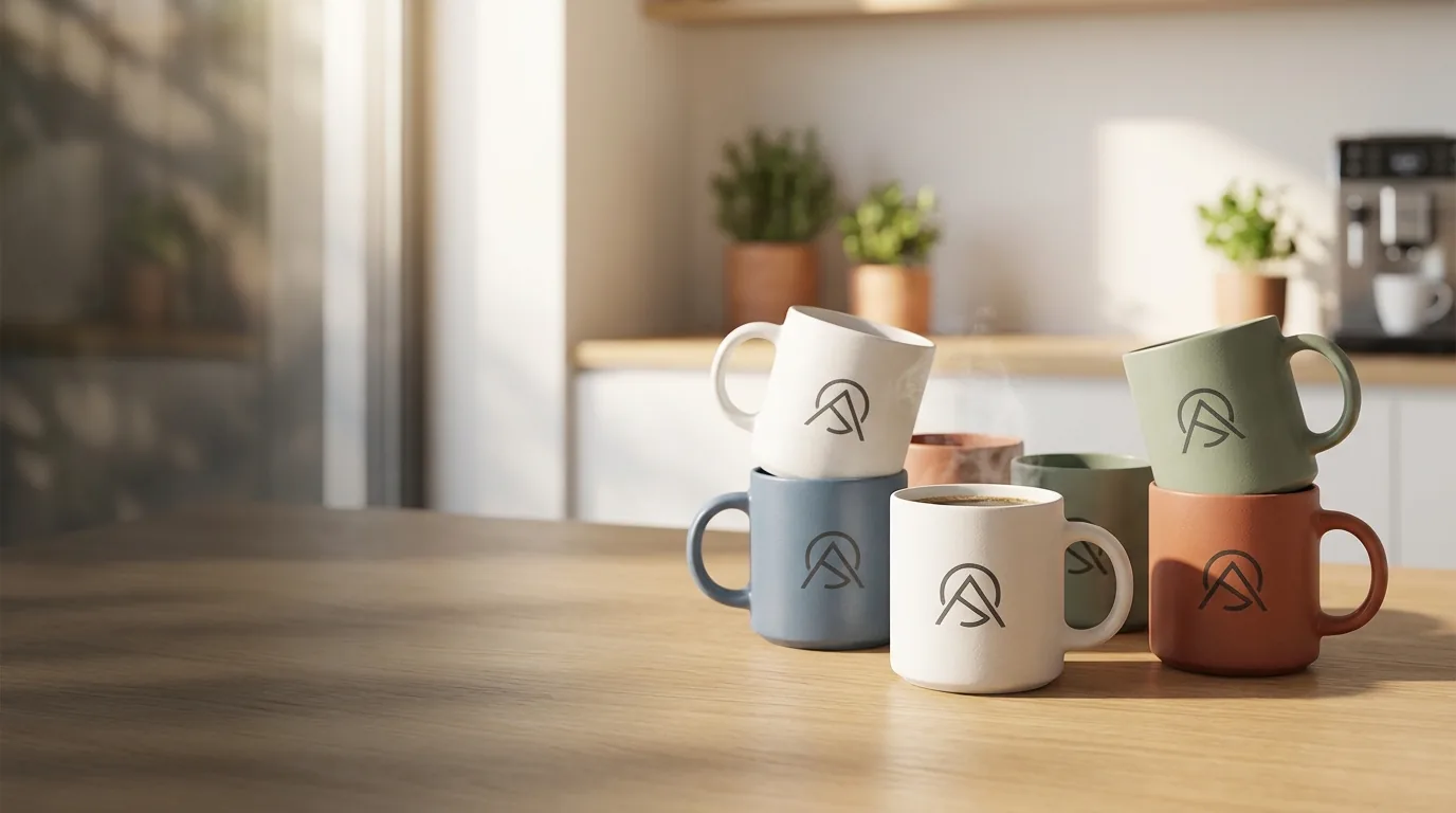 Tazones de cerámica personalizados sobre una mesa de oficina